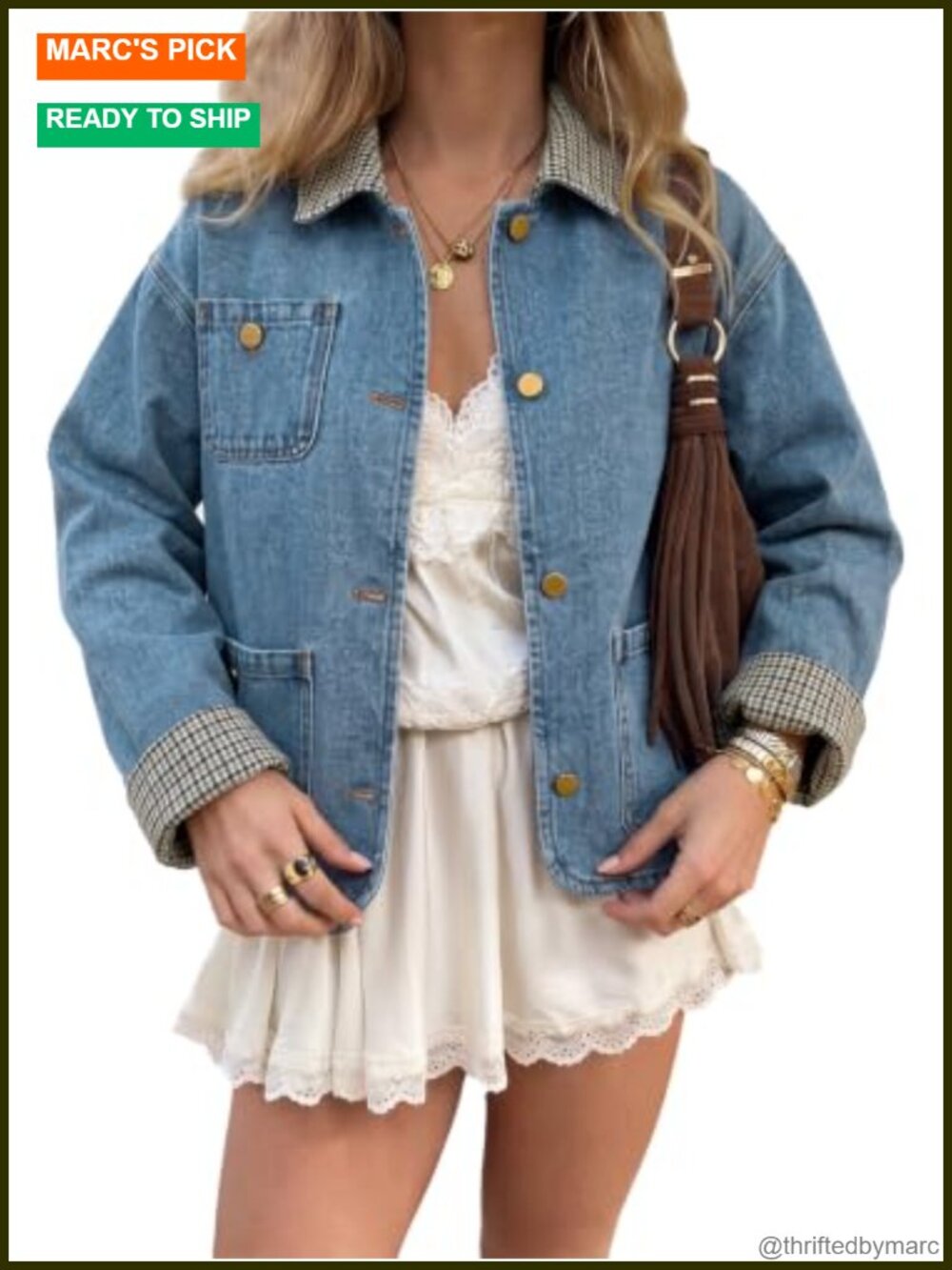 Womens Cropped Denim Jacket Button Down Jean Coat Plaid Trim